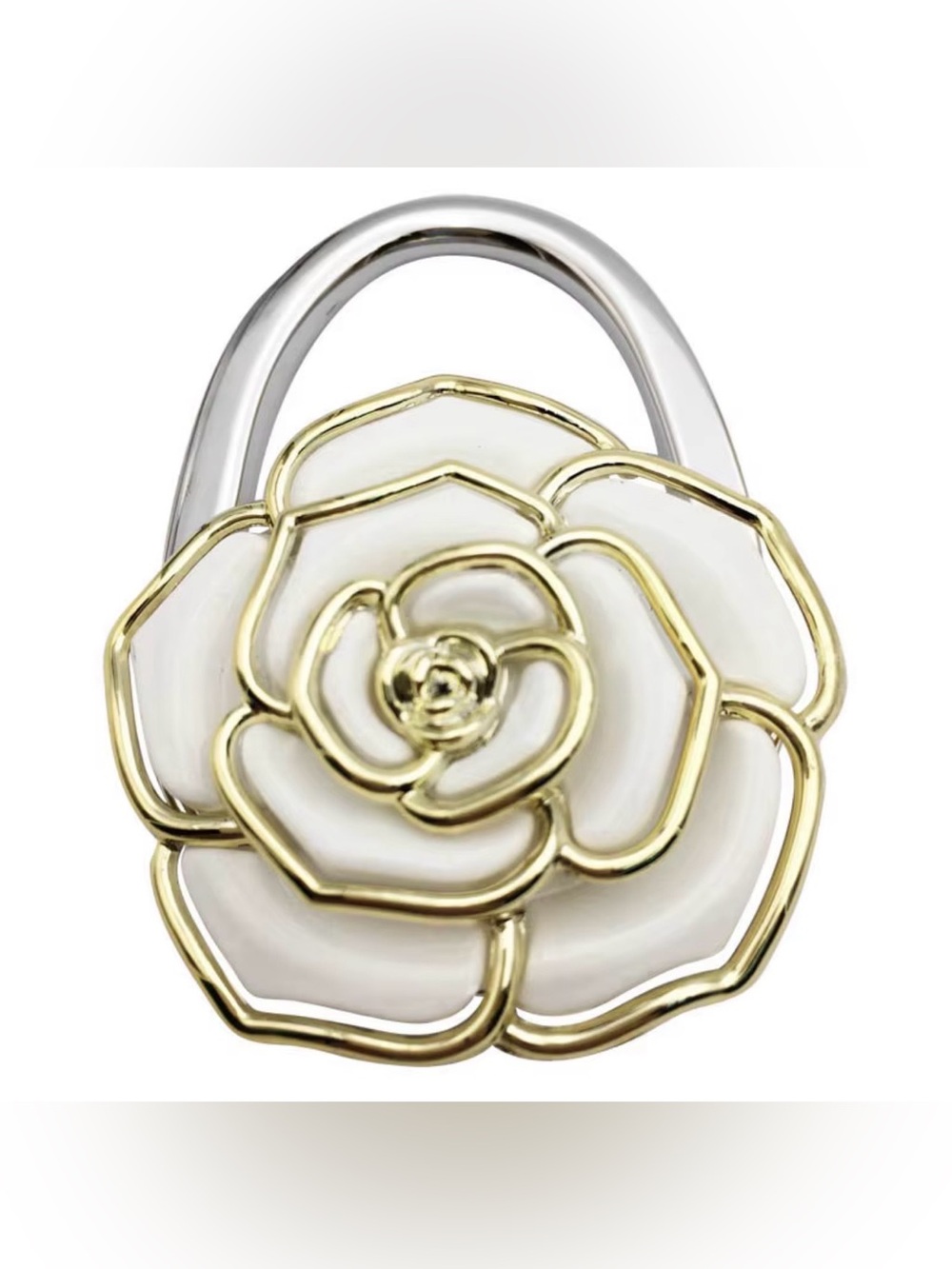 Foldable White Rose Enamel Bag Hanger & Charm with Gold Trim (Firm Price)